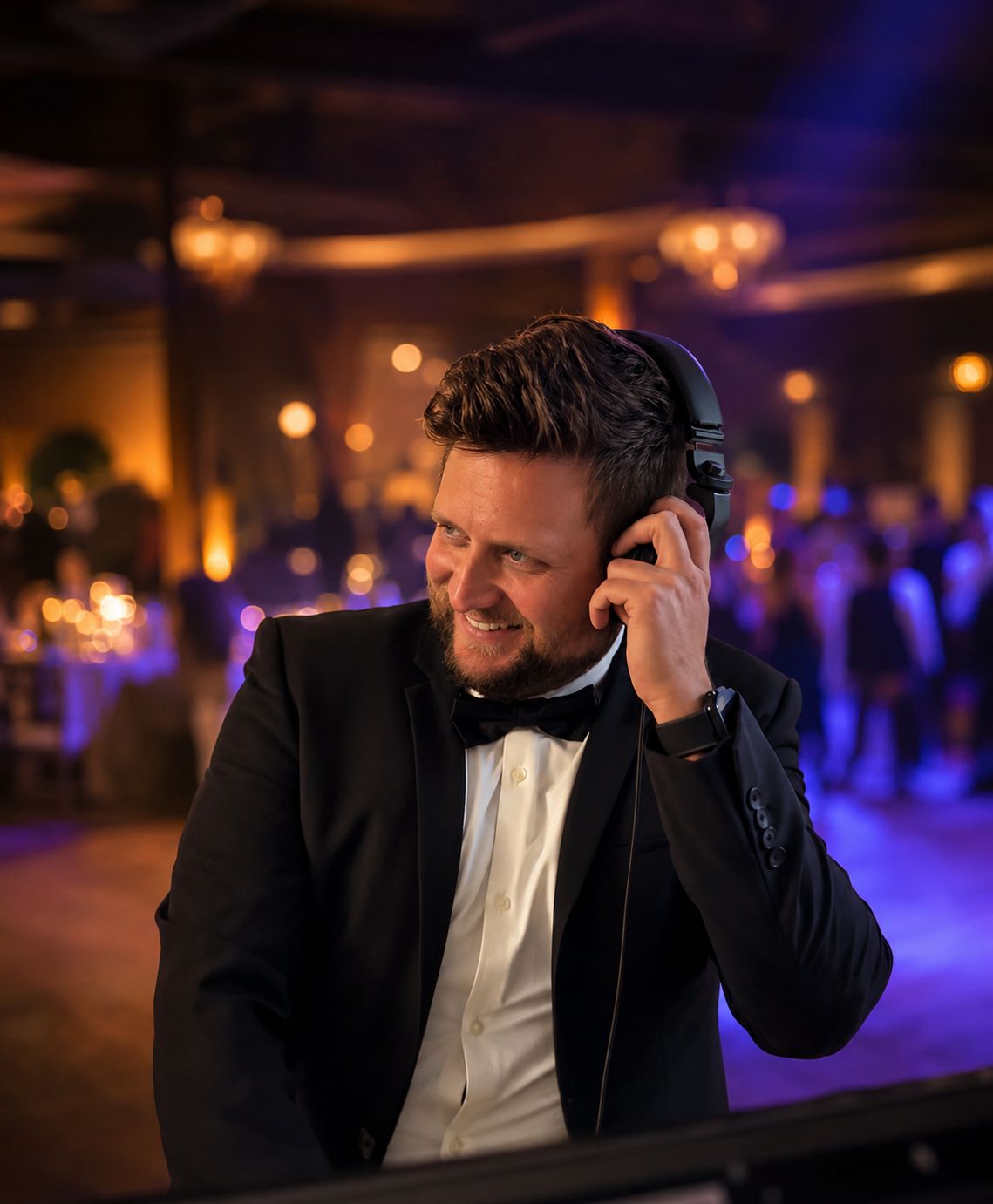 lukasko.aroundtheworld in a tuxedo with headphones